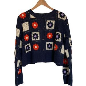 En Creme Womens Crochet Patchwork Crop Cardigan Size L‎ Navy Orange Cottagecore